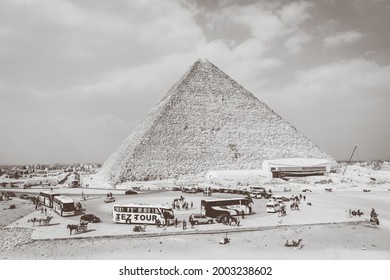 Giza, Egypt - April 1, 2021 - Black And White Aerial View Of Tourist Buses At The Great Pyramid Of Giza