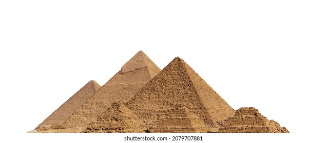 The Giza pyramid complex, also called the Giza Necropolis, isolated on white background. Greater Cairo, Egypt. - Shutterstock ID 2079707881