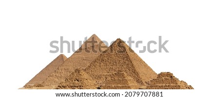 The Giza pyramid complex, also called the Giza Necropolis, isolated on white background. Greater Cairo, Egypt.