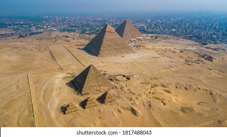 Giza Pyramids Landscape. Historical Egypt Pyramids Shot By Drone.