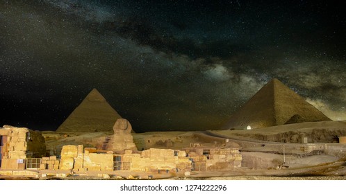 Giza Pyramids And Sphinx Light Up At Night 