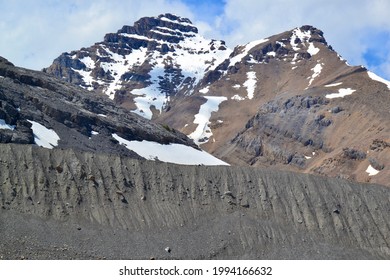 Glacial Moraine And Mountain Peaks At Athabasca Glacier In Jasper National Park During Summer