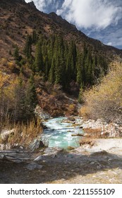 Glacial River Flows Through The Ala Archa Mountain Pass In Kyrgyzstan