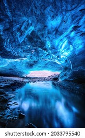 Glacial River Flows Through A Blue Ice Cave. Part Of The Vatnajokull Glacier In Southeast Iceland In Winter. 