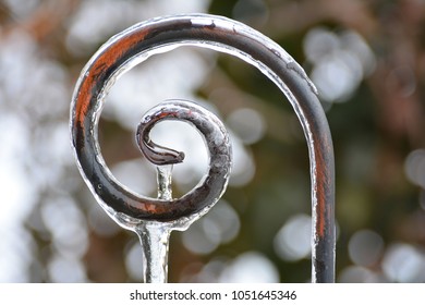 Glaciation After The Spring Thaw. Decorative Metal Support For Climbing Plants Is Covered With Ice. Icicle Hanging From The Decorative Support.