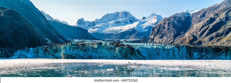 Glacier Bay Alaska Banner View From Cruise At Johns Hopkins Glacier Summer Travel In Alaska, USA. Banner Panorama Crop.