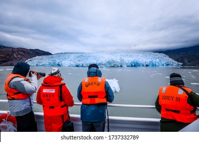 Glacier Gray, Chile - March 09, 2020: Tourists on the Boat to Glacier Gray
