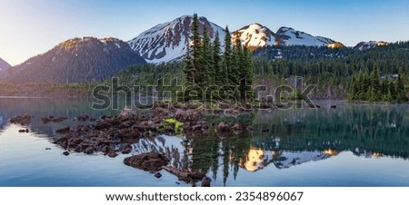 Glacier Lake with trees and Canadian Mountain Landscape. Garibaldi Lake, Whistler, British Columbia, Canada. Stockfoto © 