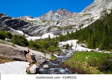 Glacier And Mountain River In Summer, Rocky Mountains National Park, USA