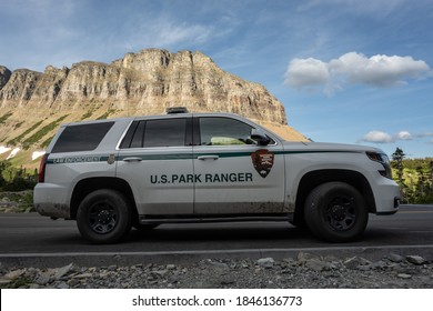 Glacier National Park, Montana, US: July 21, 2020: US Park Ranger Vehicle Patrolling The Going To The Sun Road