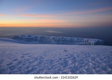 Glacier On Mount Kilimanjaro. Uhuru Peak. Top Of Africa. Trekking To The Highest Mountain. Fantastic View. Tanzania