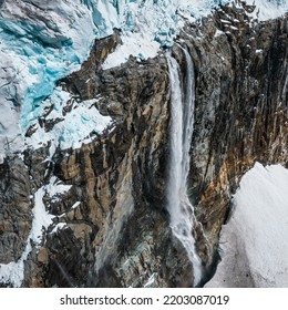 Glacier And Waterfall. Aerial View