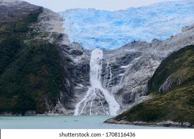 Glacier With Waterfall In Chilean Fjord, Blue Ice And Clouds, Glacier Alley, Beagle Channel