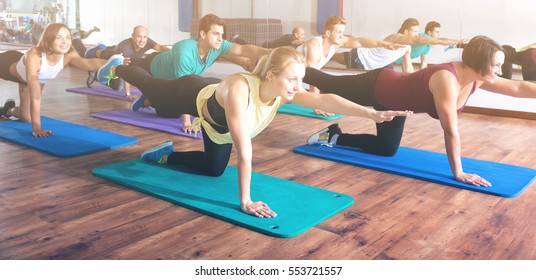 Glad Adults Having Yoga Class In Sport Club