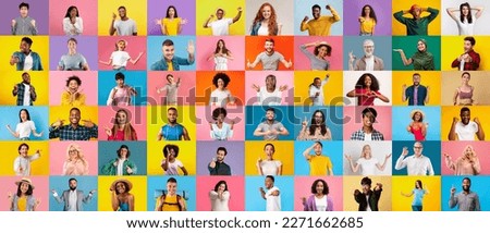 Glad excited millennial and mature international people gesticulate, laugh and show signs with hands isolated on colorful bright background. Surprise, joy, fun, success and victory, human emotions