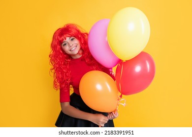 Glad Kid With Party Balloon On Yellow Background