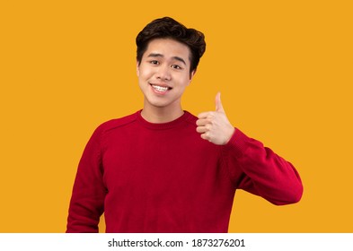 Glad Person. Portrait of smiling asian guy in red sweater showing thumbs up, doing approval gesture, looking at camera, showing that he is satisfied, isolated over orange studio background