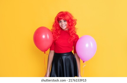 Glad Teen Kid With Party Balloon On Yellow Background