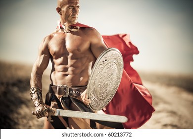 Gladiator, Image Of A Well-built Man Holding A Sword And A Shield