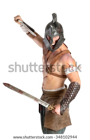 Gladiator posing isolated in a white background