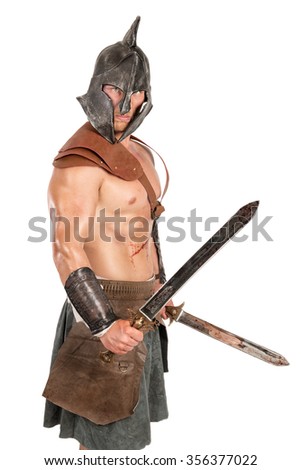 Gladiator posing isolated in a white background