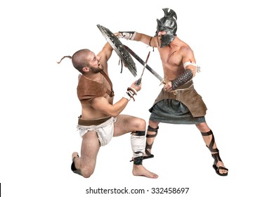 Gladiators Fighting Isolated In A White Background