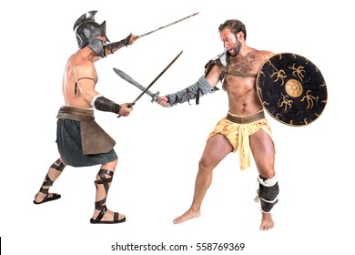 Gladiators Fighting Isolated In A White Background