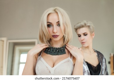 Glamorous Blonde Woman Wearing Necklace Indoor