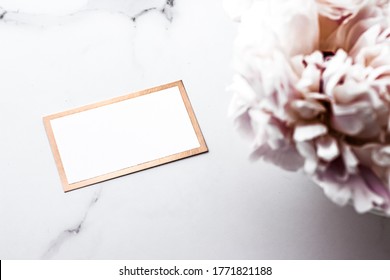 Glamorous Business Card Or Invitation Mockup And Bouquet Of Peony Flowers, Wedding And Event Branding Design