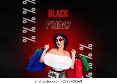 Glamorous fashionable girl bring packages paper bags from brand shopping on black friday sale spending money isolated over red background