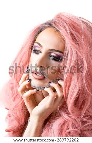 Glamorous Man In Drag Queen Make Up With Heavy Mascara On Eyes Glittery Beard Glamorous Man In Drag Queen Make Up With Heavy Mascara On Eyes Glittery Beard