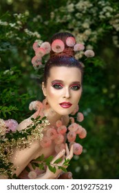 Glamorous Photo Session With Dandelions. Beautiful Girl And Dandelions. Summer Beauty. Tender Girl In The Garden Of Eden. Bird Of Paradise.