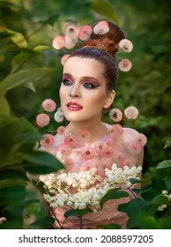 Glamorous Photo Session With Dandelions. Beautiful Girl And Dandelions. Summer Beauty. Tender Girl In The Garden Of Eden. Bird Of Paradise.