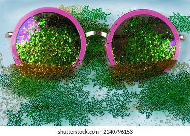 Glamorous Purple Sunglasses Studded With Green Sequins.