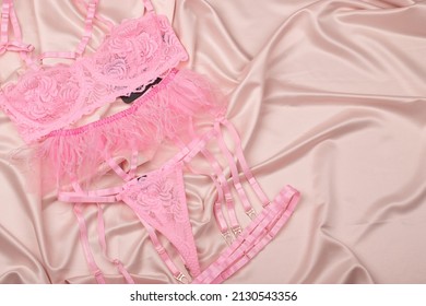 Glamorous Stylish Sexy Lace Lingerie On A Satin Background. Women's Bra, Panties, Erotic Clothes. Gift, Shopping And Fashion Concept.Copy Space.