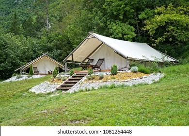 Glamorous tent with wooden flooring, equipped and ready for guests in Bovec, Slovenia. Eco friendly and sustainable glamping is now a fashionable way to spent vacation.