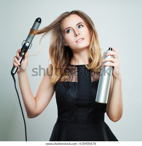 Glamorous Woman Blonde Wavy Hair Ironing Stock Photo Edit Now