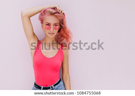 Similar – Image, Stock Photo Young and blonde woman holding a strawberry ice cream