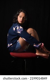 Glamour Confident South Asian Teen Girl Women Studio Photography Pose With Blue Short And Blouse With Nice Hair Layer Cut. 