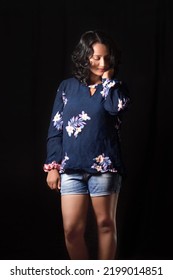 Glamour Confident South Asian Teen Girl Women Studio Photography Pose With Blue Short And Blouse With Nice Hair Layer Cut. 