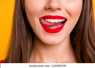 Glamour Feminine Person Eat Food Concept. Half Faced Photo Portrait Of Sexual Naughty Charming Stunning Beautiful Pretty Lips With Matt Lipstick Ideal Contour Shape Isolated On Vivid Background