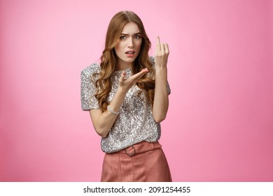 Glamour Pissed Girlfriend Arguing Boyfriend Questioned Bothered When Wedding Showing Ring Finger Frustrated Upset Man Commitment Issues, Wanna Marry, Ask When Become Bride, Standing Pink Background