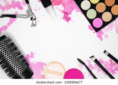 Glamour Still Life Photo Of Cosmetics On Pink Watercolor Hand Drawn Backdrop. Woman's Make Up Table. Graphic Template Mock Up.