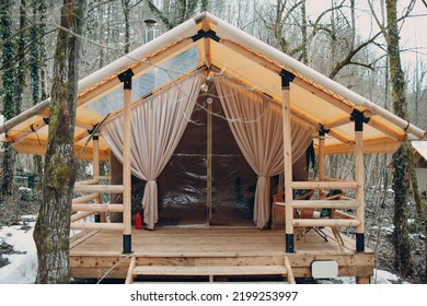 Glamping Luxury Camping. Glamorous Camp Tent At Forest