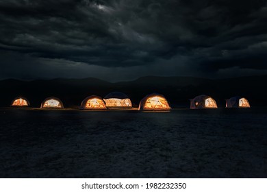 Glamping Park For Outdoor Recreation At Night 