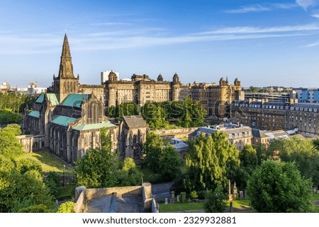 Glasgow Cathedral, the oldest cathedral on mainland Scotland, and the Old Royal Infirmary shot from the Necropolis Victorian Cemetery