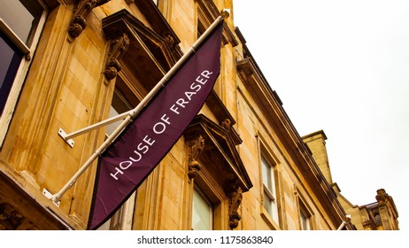 Glasgow City Centre, Scotland, UK; August 24th 2018: House Of Frasers Department Store Name On Flag At Front Of Building.