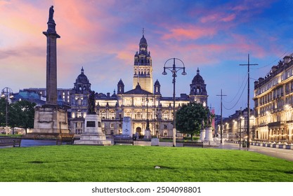Glasgow City Chambers and George Square at dramatic sunrise, Scotland - UK