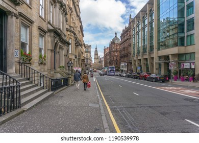 Glasgow City, Scotland, UK - September 22, 2018: Looking Down A Quiet West George St To St Georges Tron Church In The City Centre Of Glasgow.