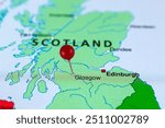 Glasgow pin on the map, Scotland. Close up of Glasgow map with red pin. United Kingdom.